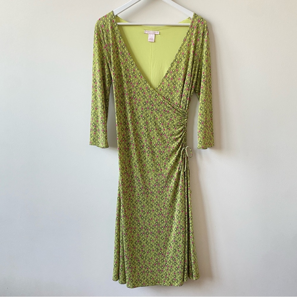 Sigrid Olsen Green Diamond Pattern Long Sleeve Dress Faux Wrap Dress Size 4